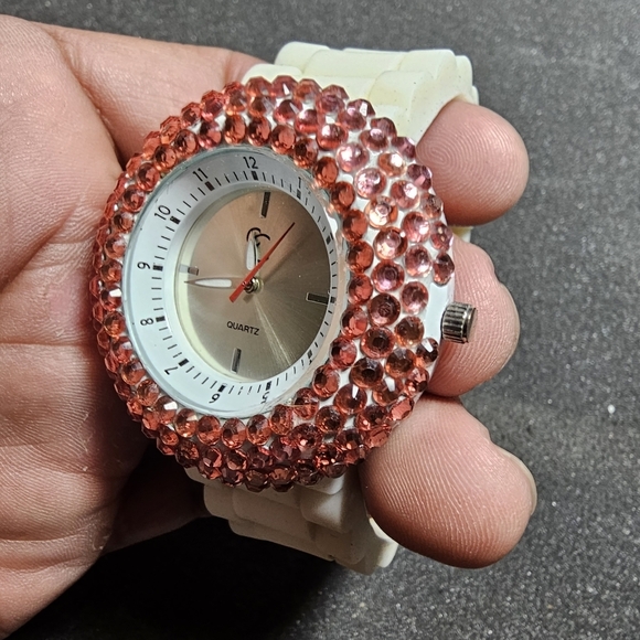 Charming Charlie Ladies Quartz Watch Pink Rhinestone Bezel White Band Working sh - Picture 6 of 9